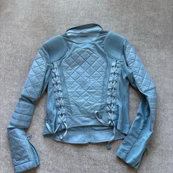 Blanc Noir Blue Leather Moto Mesh Jacket - Picture 5 of 12